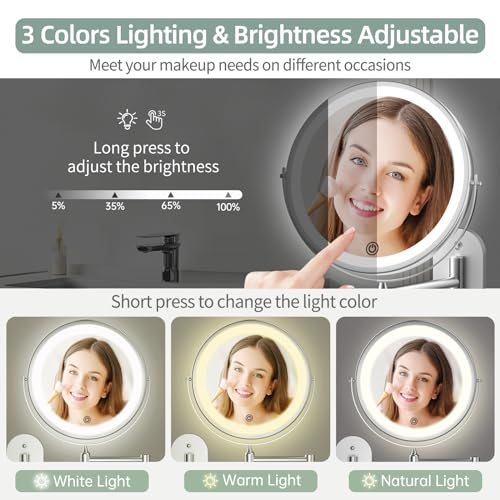 Rechargeable Wall Mounted Lighted Makeup Vanity Mirror 8 inch 1X/20X Magnifying Bathroom Mirror with 3 Color Lights, Double Sided with Dimmable LED Lights, Extended Arm 360¡Æ Swivel Extension Mirror