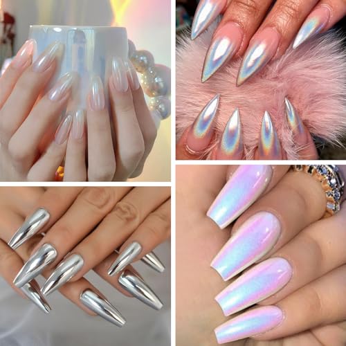 Gold Silver Chrome Nail Powder, White Pearl Aurora Mermaid Iridescent Holographic Unicorn Chrome Powder for Nails, Metallic Mirror Rose Gold Champagne Nail Chrome Powder Pigment Foil Flakes