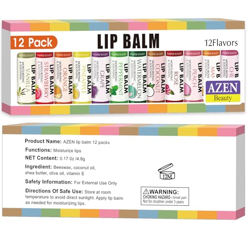 AZEN 12 Pack Lip Balm, Natural Lip Balm Bulk, Lip Care Product, Moisturizing Lip Balm for dry cracked lips - 12 Flavors