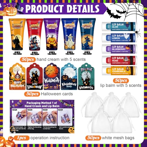 50 Pack Halloween Hand Cream and Lip Balm Set, Bulk Halloween Gifts with Halloween Cards and Organza Bag, Halloween Decorations and Halloween Party Favors Goodies for Women