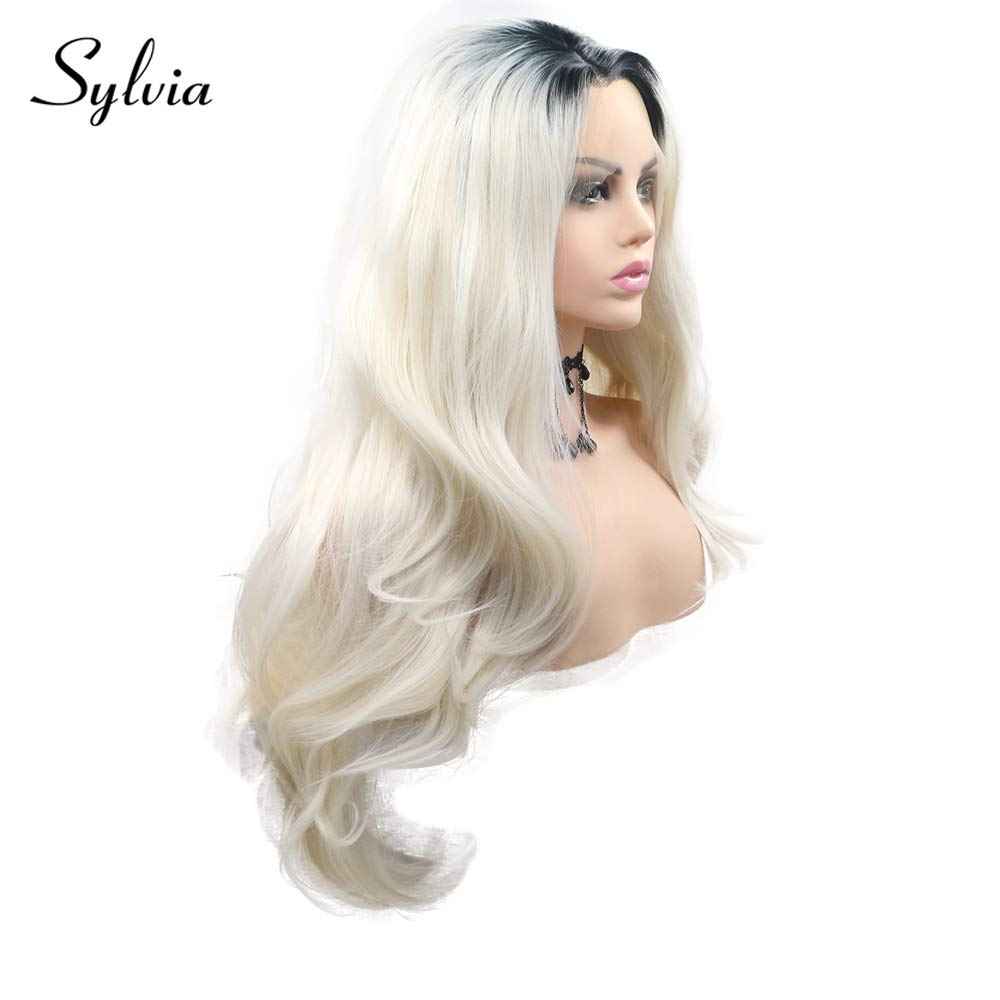 sylvia Black to Platinum White Hair Synthetic Lace Front Wigs Long Natural Wave Realistic Hairline Soft Glueless Half Hand Tied Wig 180% Density Heat Resistant Hair Replacement for Women…