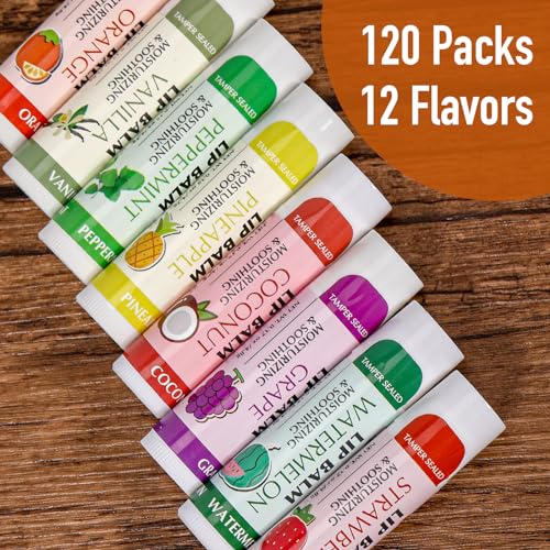 AZEN 120 Pack Lip Balm, Natural Lip Balm Bulk, Lip Care Product, Moisturizing Lip Balms for dry cracked lips, Valentines Gifts Easter Basket Stuffers - 12 Flavors