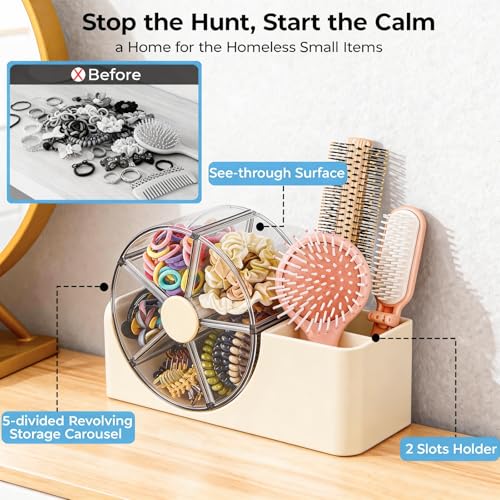 Cream Hair Accessories Organizer with Rotating 5-Section Wheel & 2-Slot Brush Holder