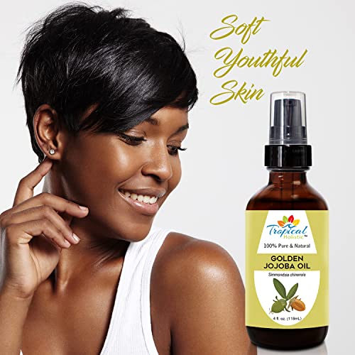 Tropical Holistic Jojoba Oil 4 oz, Natural, Pure, Cold Pressed, Unrefined Moisturizer for Skin, Dry Scalp, Hair, Nails and Multipurpose Carrier Oil