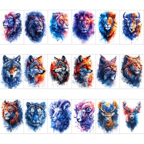 Glarryears Temporary Tattoos for Adults - 18-Pack Large Fake Tattoos, Long-lasting Animal Designs: Wolf, Lion, Tiger - Realistic 3D, Cool on Half Arm, Leg, Back, Body
