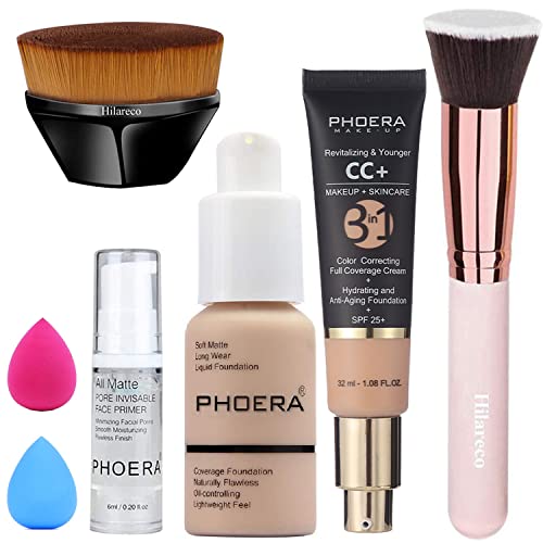 PHOERA Foundation, PHOERA CC+ Cream Color Correcting Anti Aging Hydrating Serum &SPF 25+, PHOERA Primer, PHOERA Makeup,Kabuki Makeup Brushes Foundation Brush (102 Nude +120 Nude CC Cream)