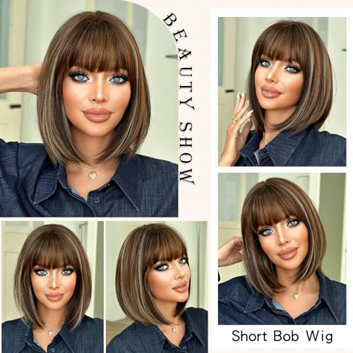 14-Inch Silver Ombre Bob Wig with Bangs - Heat Resistant Synthetic Hair