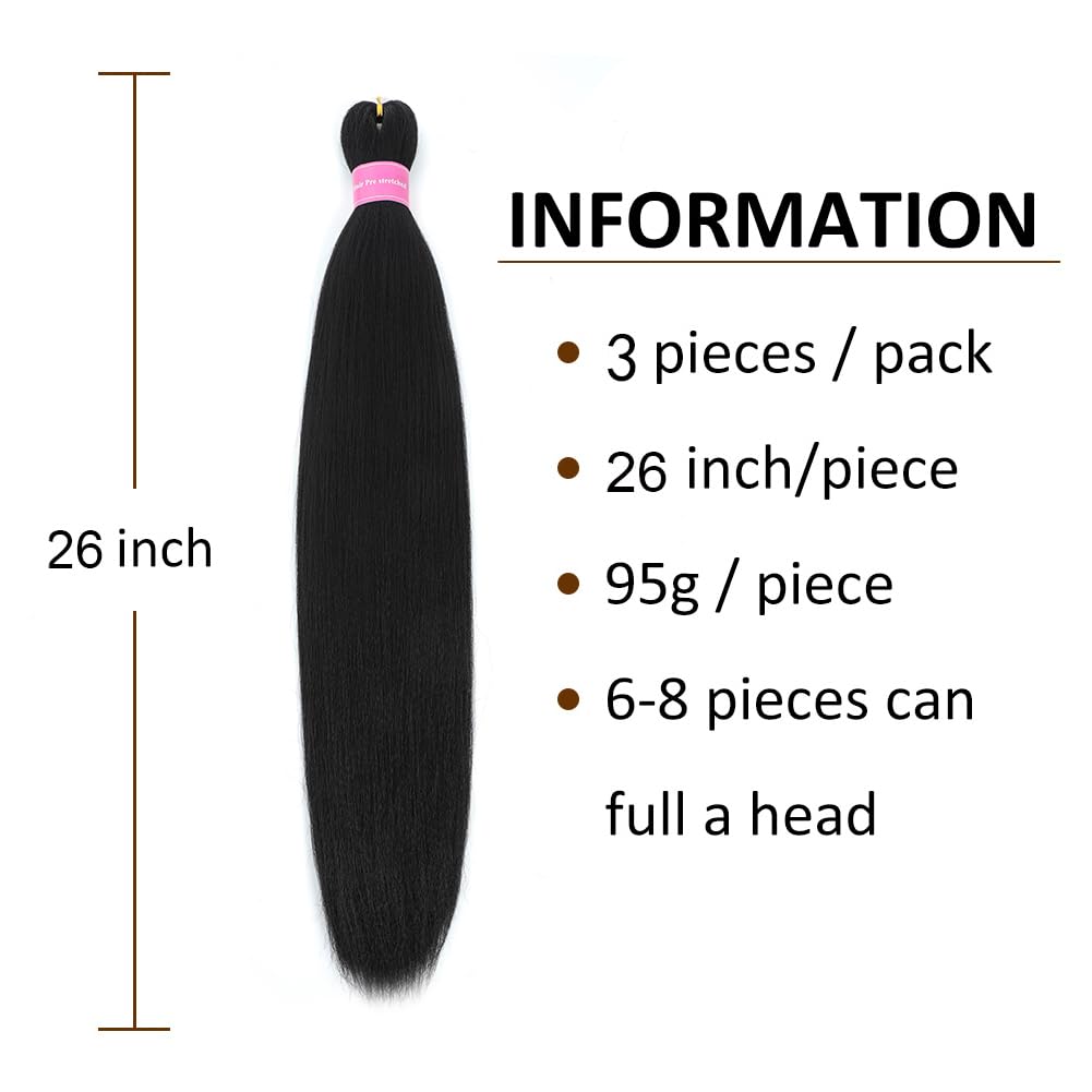 AFNOTE Pre Stretched Braiding Hair Extensions for Braids 26 Inch 3 Packs Black Braiding Hair Pre Stretched Professional Synthetic High Temperature Braid Hair Extension-Black 1B#