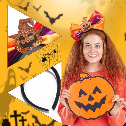 Jacnkb Halloween Headband Glitter Pumpkin Hairband Halloween Bow Hair Hoop Cute Bowknot Headwear for Halloween Hair Accessories Decoration for Adult Women