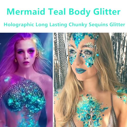 Teal Body Glitter Gel – Holographic Chunky Sequins Makeup