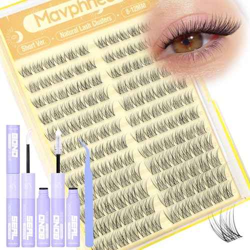 Natural Lash Clusters Kit 8-12MM Short Cluster Eyelash Extensions Kit Clear Band Cluster Lashes Wispy Eyelash Clusters CC-Curly Fluffy Individual Lashes with Lash Bond and Seal for Easy Application