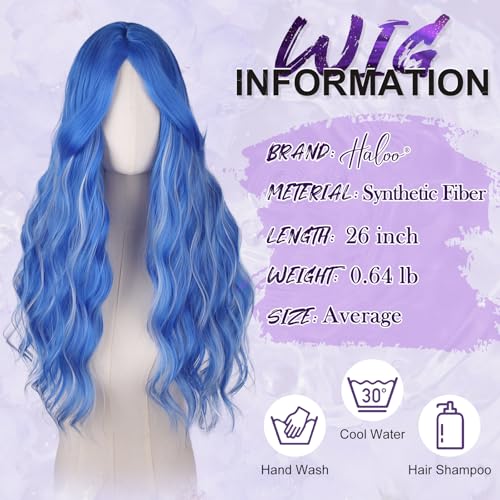 Blue Wavy Wig with Curtain Bangs - 26 Inch Synthetic Hair