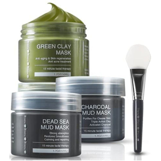 Bisou Bisou Bisou Clay, Dead Sea Mud & Charcoal Gel Face Mask Trio With Applicator, Deep cleansing Clay and Mask Applicator, Facial Therapy PH Balanced Hypo-allergenic