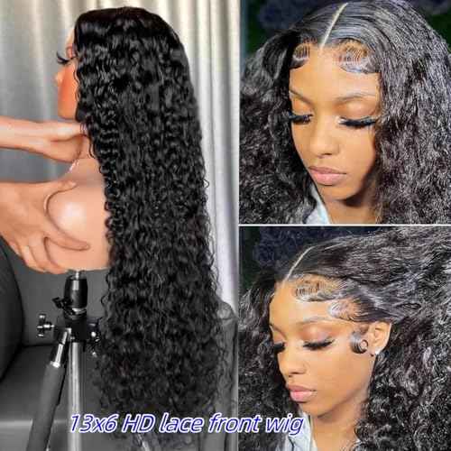 13x6 Deep Wave Lace Front Wigs Human Hair 220 Density HD Transparent Pre Plucked Deep Curly Frontal Wigs Human Hair for Women Natural Black 24 Inch