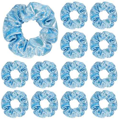 Taiyin 24 Pieces Shiny Metallic Scrunchie Solid Scrunchies Hair Ties Hair Elastics Accessories Elastic Band for Women Gym Dance Cheerleading Softball Volleyball Baseball Team(Light Blue)