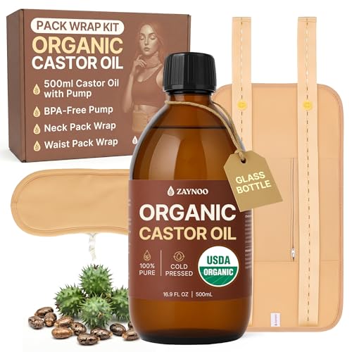 Organic Castor Oil Pack Wrap Kit - 16.9oz Cold-Pressed Oil & 2 Cotton Wraps