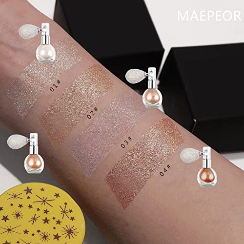 MAEPEOR Body Glitter Spray 4 Colors Shimmer Sparkle Highlighter Powder Glitter High Gloss Powder Spray for Face Body Hair Cosmetic (T02 Champagne)