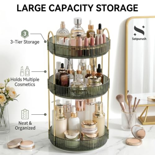 Satpurush 3-Tier Clear Green Rotating Makeup Organizer for Vanity & Bathroom