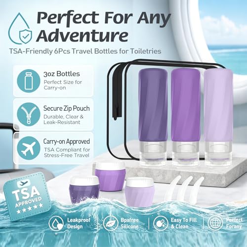 YIIMER Purple Travel Bottles Set 6pcs TSA Approved Silicone Toiletry Containers