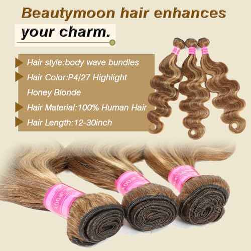 Beautymoon Brown Highlight Body Wave Bundles Ombre Human Hair 3 Bundles 22 24 26 Inch 100% Unprocessed Brazilian Virgin Hair Honey Blonde Bundle Human Hair Body Wave Hair Extensions for Black Women