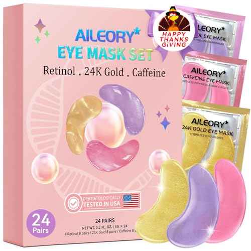 Under Eye Patches for Dark Circles, Puffiness, Fine Lines, Eye Mask Set with Retinol, 24K Gold, Caffeine, Gel Mask for Birthday & Spa Party Favors, Skincare Gift for Women & Men, 24 Pairs