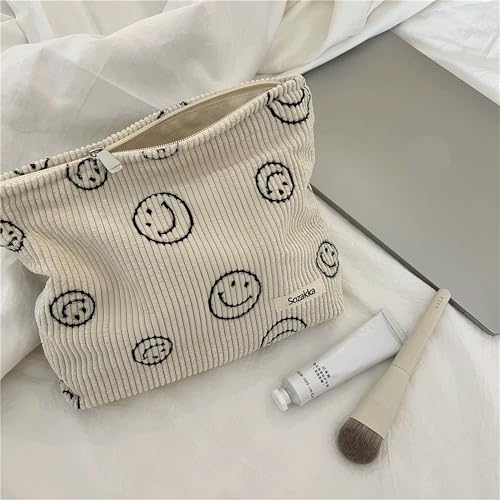 Corduroy Cosmetic Bag with Smile Dots Design - Makeup Organizer