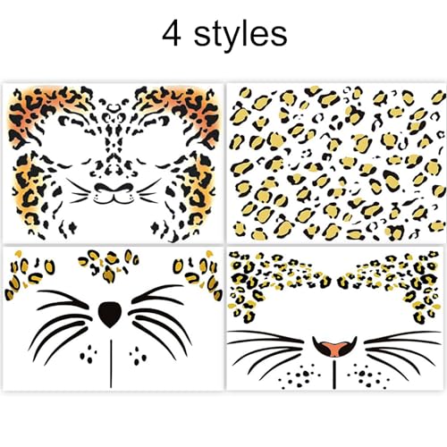 Leopard Face Stickers - 4 Sheets Halloween Temporary Tattoo Stickers for Face & Body - Wild Animal Print Fake Tattoos for Costume, Party, Festival, Tiger & Leopard Makeup