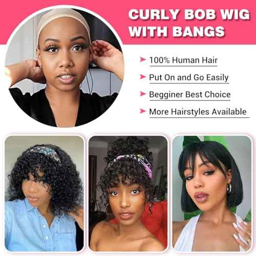 Rebecca Fashion Highlight Curly Bob Human Hair Wig with Bangs 12 Inch Short Curly Water Wave Bob Wig Human Hair Wigs for Black Women Glueless Wig 100% Brazilian Remy Hair Black Mixed Brown Color