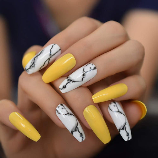 Coolnail Glossy Nails Yellow White Marble Press on False Nails Extra Long Coffin Ballerina Frosted UV Detachable Fingersnails Beauty