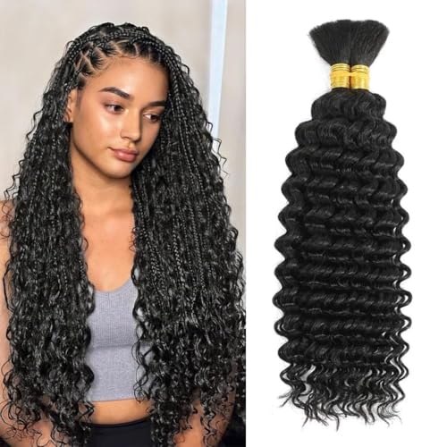 Human Braiding Hair for Boho Braids 12A Deep Water Wave Bulk Human Hair for Braiding No Weft Wet and Wavy Curly Human Hair Extensions (1B-Natural Black-Deep, 110g-24 Inch)