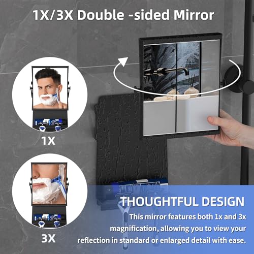 Shower Mirror fogless for Shaving - Dual-Sided 1X/3X Magnification, Anti-Fog Bathroom Mirror with Squeegee, Rust-Proof, Black