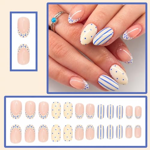 Blue White Stripe Almond Press On Nails - 24pcs