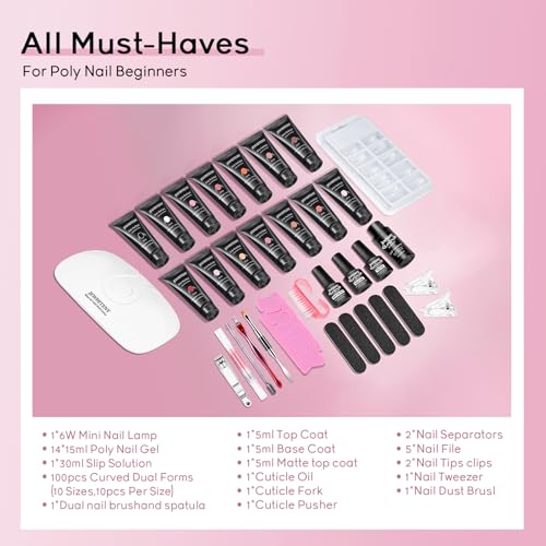 JEWHITENY 14-Color Poly Extension Gel Nail Kit with Mini Lamp & Slip Solution