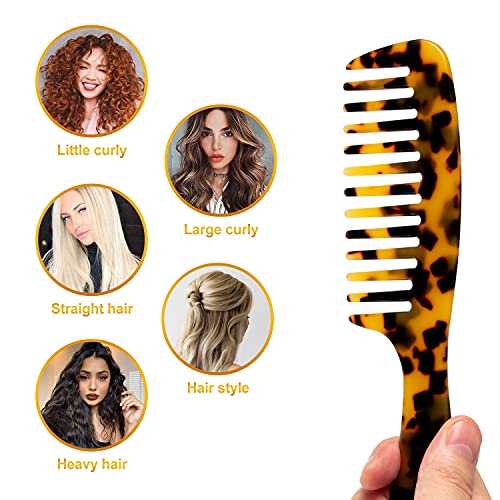 Large Wide Tooth Hair Comb, LADYAMZ [Tortoise Shell] Cellulose Acetate Round Tooth Comb for Straight/Curly Hair,Short/Long Hair Women Men or Kids, Easy Detangling Wet or Dry, Anti-static (Brown)