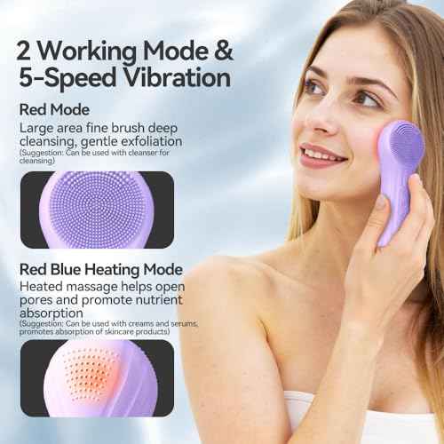 Facial Cleansing Brush, Silicone Face Scrubber with Heat and Vibration 5 Speeds, Waterproof Rechargeable Electric Face Scrub Brush for Men & Women, Deep Cleansing, Exfoliating and Massage (Purple)