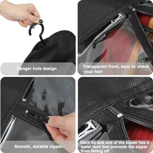 Hair Extension Holder 3Pcs Wig Storage Bags with Hanger, Wig Holder Wig Storage for Multiple Wigs, Breathable Dust-proof Extra Long Wig Bags for Hair Extensions & Accessories (Hot Pink)