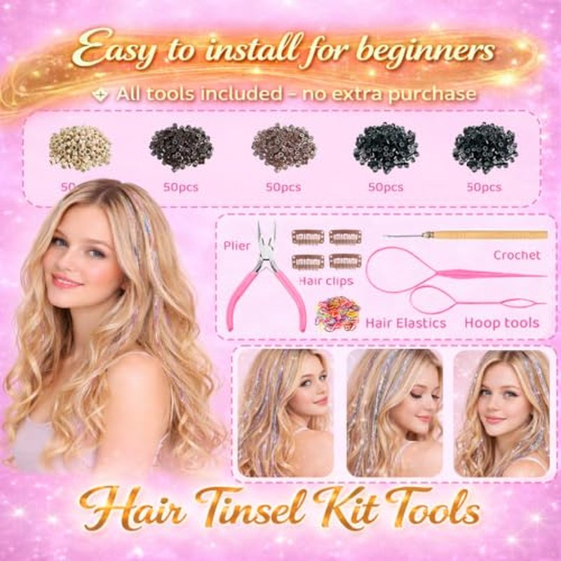 48-Inch Hair Tinsel Kit - 20 Pcs Glitter Strands for Parties