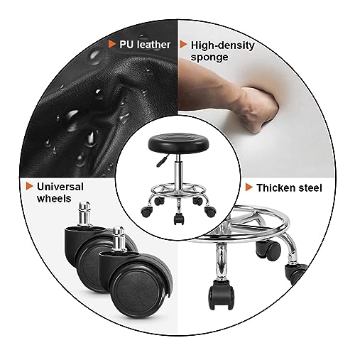 KKTONER PU Leather Rolling Stool with Footrest Height Adjustable