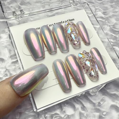 WOMHOPE Press on Nails False Nails Handmade Acrylic Nails for Women and Girls Aurora Power Rhinestone Full Cover 10pcs Almond,Coffin,Oval (Medium Coffin, Large)