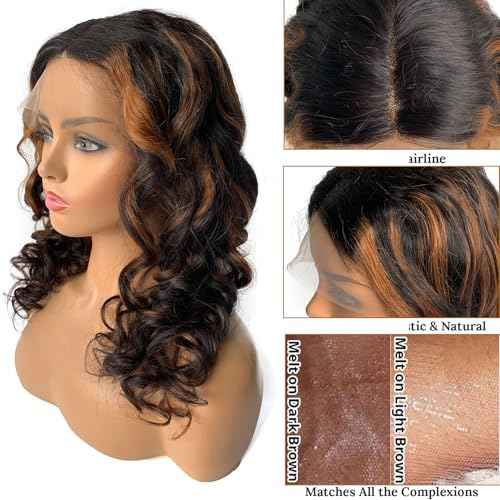 Highlight Ombre Lace Front Wig Human Hair #1b/30 Black and Brown Middle Part Lace Frontal Human Hair Wig 180% Density Pre Plucked Ombre Brown Glueless Wigs for Black Women 20 Inch 180% Density