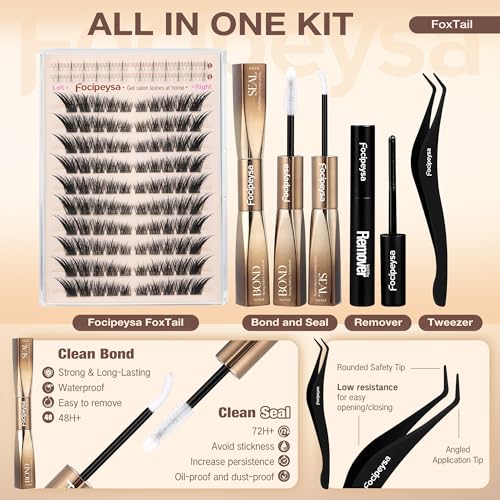 Focipeysa Fox Eye Lash Clusters Kit with Bond, Seal, Remover & Tweezers - C-Fox Version