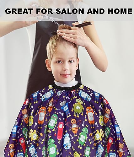 Kids Barber Cape with Neck Duster Brush - Cartoon Robot, Adjustable Snap Closure