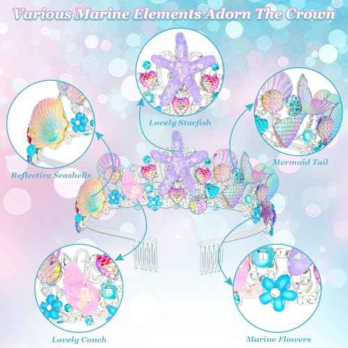 CAVETEE Mermaid Birthday Crown, Mermaid Rhinestones Tiara Mermaid Party Tiara Birthday Party Crown for Women, Party Favor Hair Accessories for Birthday Prom Theme Party Halloween, Pink