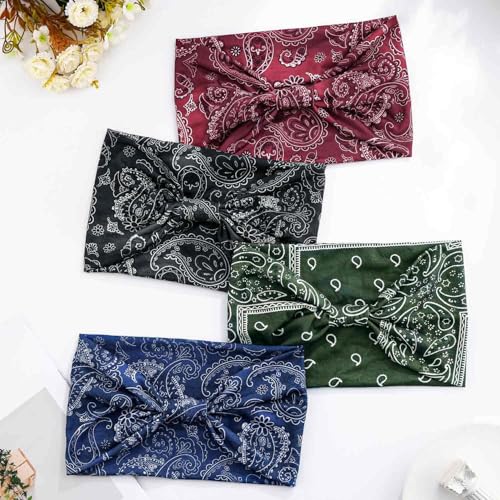 Olbye Wide Boho Headbands Floral Stretch Head Wraps 4-Pack