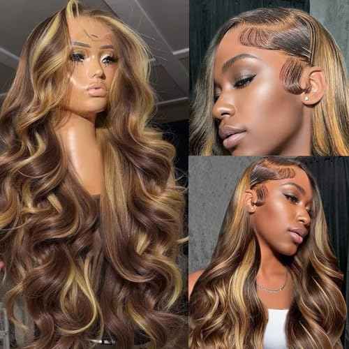 Balayage Honey Blonde Highlights Wig Human Hair, Body Wave 13x6 Lace Front Wigs Human Hair, 22 Inch Ombre Brown Balayage Caramel Blonde Highlights Glueless Lace Frontal Wigs Human Hair Pre Plucked