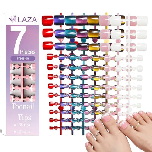 Laza 168pc Press On Toenails - 7 Colors, 12 Sizes, Cat Eye & French