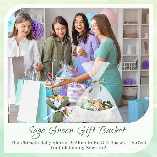Kacctyen Sage Green Gift Basket for Women Include Woven Basket Makeup Bag Sleep Mask Jewelry Box Hair Bow Crochet Flower and More Self Care Birthday Gift Box for Mom Wife Friends Sister Coworker