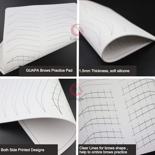 3pcs Silicone White Permanent Makeup Practice Skin with Black Outlines Double Sided Pre-printed Nano Brow Practice Skin Microblading Latex (White Skin-Black Printing)
