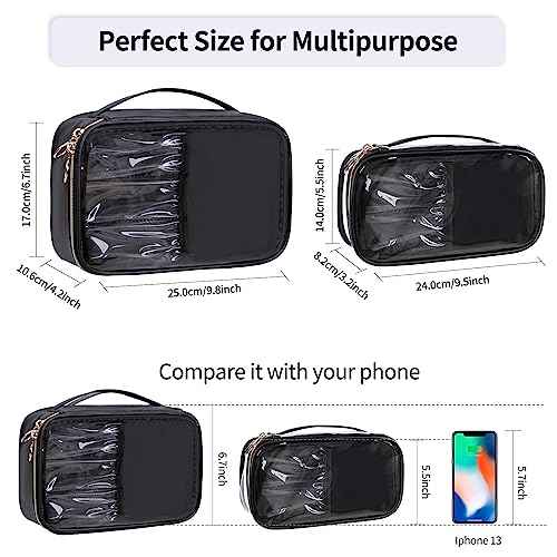 OCHEAL Clear Makeup Bag, Portable Cosmetic Organize,Travel Makeup Bag Cute Clear Pouch For Women and Girls Cosmetics Bags with Divider Makeup Brush Compartment-Black PU Leather