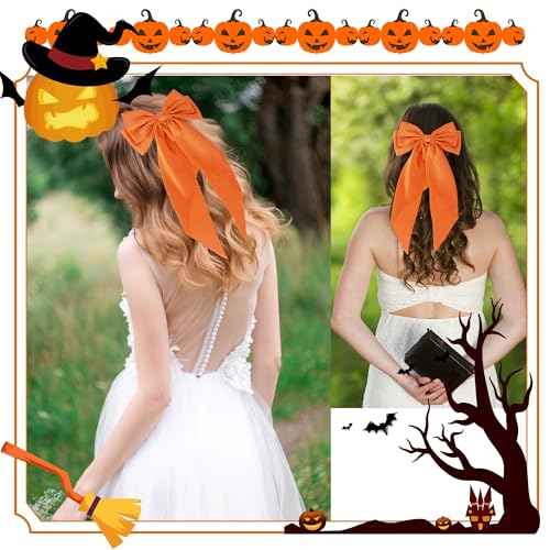 Halloween Fall Orange Hair Bows for Women, 2PCS Silky Satin Hair Bows with Long Tail Oversized French Hair Bow Barrettes Hair Accessories for Halloween Thanksgiving Autumn Holiday